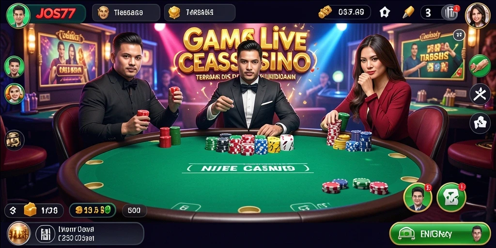 Screenshot utama JOS77 menampilkan dealer langsung dan gameplay yang mendebarkan.