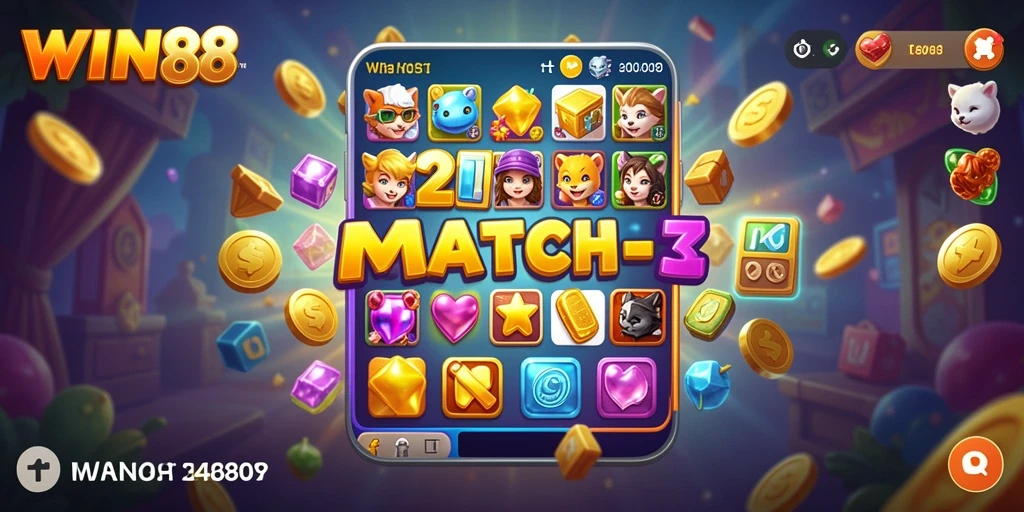 Tangkapan layar dari gameplay seru WIN88 yang menunjukkan kombinasi objek Match-3.